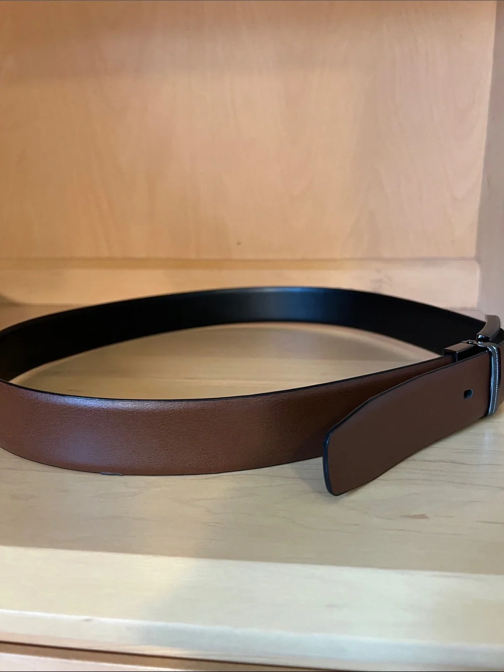Reversible Black/Brown Leather Dress Belt with Textured Buckle